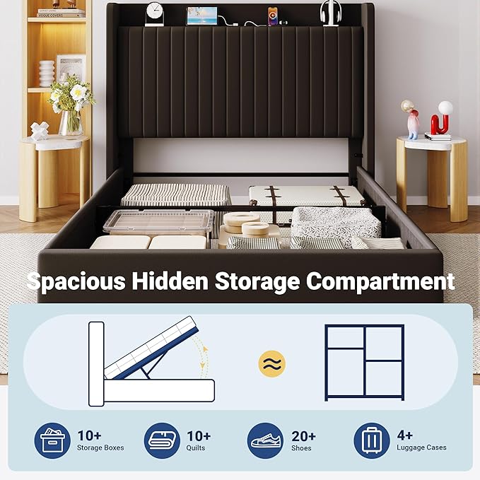 Allewie Queen Size Lift Up Storage Bed Frame,Storage Shelf Headboard with Charging Station,Type-C and USB Ports,Hydraulic Support,Velvet Upholstered Bed Frame,No Box Spring Needed,Black