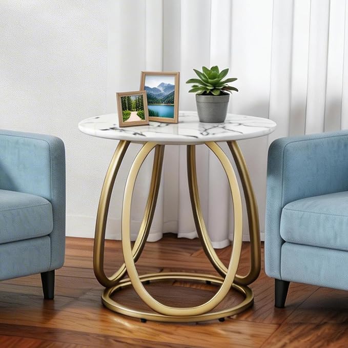 O&K FURNITURE Modern Gold Side Table, Round End Table with Sintered Stone Tabletop, Nightstand for Small Spaces, Bedroom, Home Office, 1PC