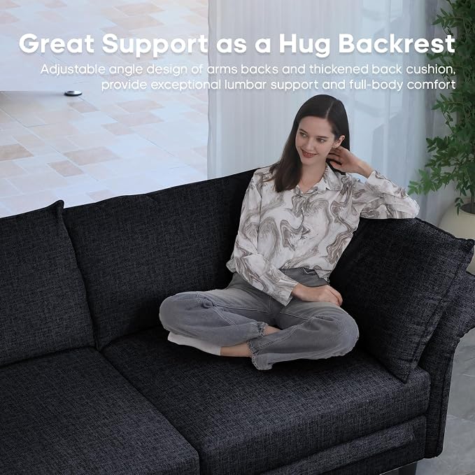 DreamDashio 126" U Shaped Sectional Sofa with Storage Seat, Adjustable Arms & High Back, Oversized Modular Sectional Cloud Couches for Living Room, 5 Seater, Dark Grey Chenille
