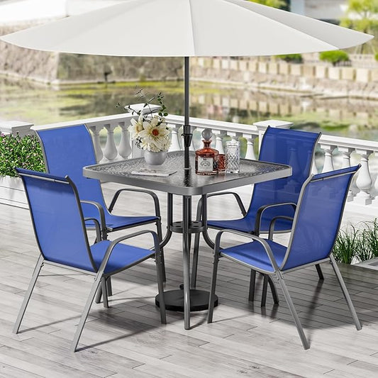 TLSUNNY Patio Dining Set 5 Pieces, All Weather Outdoor Furniture W/30"X 30" Table and 4 Stackable Textilene Chairs, Metal Table and Chairs for Lawn, Garden, Poolside, Backyard (Umbrella not Included)