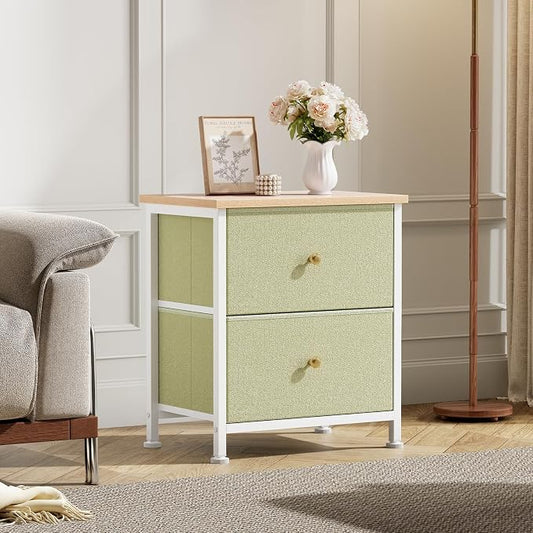 DUMOS Nightstand, Bedside Table for Bedroom, Small Dresser, 2 Fabric Drawer | Side/End Tables with Drawers, Storage Cabinet Furniture, 20 Inch Night Stand for Closet, Entryway, Light Green