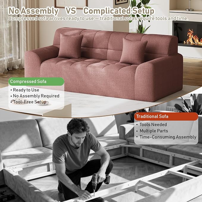 91.5" Modern Boneless Couch for Living Room, Comfy Cloud Sectional Sofa with Deep Seat, Chenille Love Seat Oversized Upholstered 3-Seater Sofa, No Assembly Required Tufted Sofas, Pink
