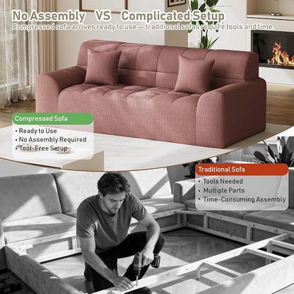 91.5" Modern Boneless Couch for Living Room, Comfy Cloud Sectional Sofa with Deep Seat, Chenille Love Seat Oversized Upholstered 3-Seater Sofa, No Assembly Required Tufted Sofas, Pink