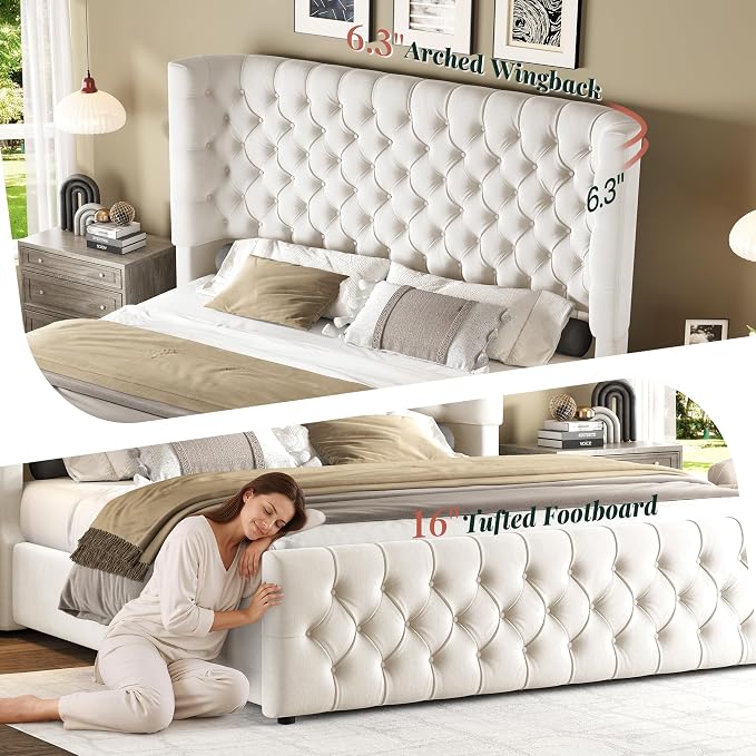 Jocisland Queen Size Upholstered Bed Frame with 6.3-Inch Curved Wingback Headboard, Tufted Footboard, Wood Slats, No Box Spring Needed, Beige Velvet