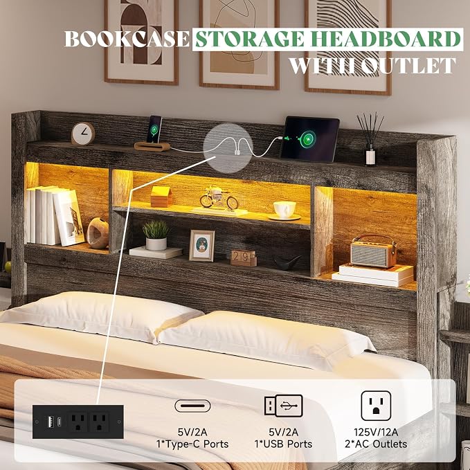 AMERLIFE California King Size Bed Frame with 4 Storage Drawers, LED Bed Frame with 49.6" Tall Bookcase Headboard, Wood Platform Bed with Charging Station & 2 Slide Bedside Shelf, Rustic Grey