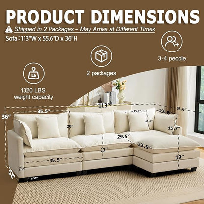 113” Modular Sectional Sofa, L Shaped Cloud Couches for Living Room, Beige | Comfy Chenille, Deep Seat, Bedroom, Apartment, Throw Pillow, Removable Washable Cover, Movable Ottoman, Easy Assembly, Modern
