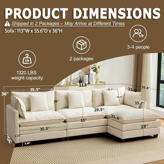 113” Modular Sectional Sofa, L Shaped Cloud Couches for Living Room, Beige | Comfy Chenille, Deep Seat, Bedroom, Apartment, Throw Pillow, Removable Washable Cover, Movable Ottoman, Easy Assembly, Modern