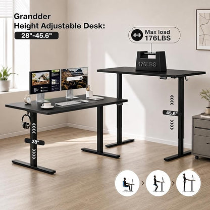 Grandder 63x32 Large Electric Standing Desk, Height Adjustable Computer Desk with 2 Memory Presets, 31.5" Deep Desktop Sit Stand Desk Home Office Desk Workstation Table with Hooks, Black