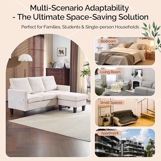 VINGLI 68.5' L Shaped Couch with Movable Storage Ottoman, Convertible Sectional Sofa in Soft Corduroy Fabric, Modern Reversible Chaise Couch for Small Spaces, Apartment, Living Room，Cream White