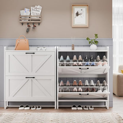 MU Shoe Storage Cabinet for Entryway, Hidden Shoe Cabinet with 2 Flip Drawers, Narrow Shoe Organizer Shoe Rack Cabinet with Metal Legs, White