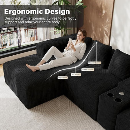 143" Oversized U Shaped Cloud Sectional Couches for Living Room, Comfy Fluffy Corduroy Black Boneless Couch, Large Modular Sectional Sofa Set with Chaise, Cup Holder, USB Port, Storage Console