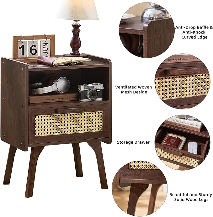 Lerliuo Rattan Nightstands Set of 2, Bedside Table with Drawer Open Shelf, Cane Accent Side End Table with Solid Wood Legs, Walnut Vintage Night Stand for Bedroom, Dorm and Small Spaces