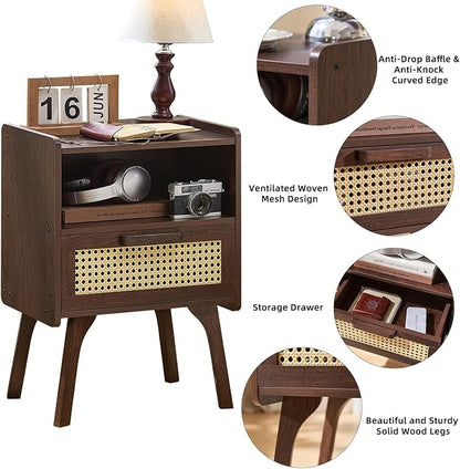 Lerliuo Rattan Nightstands Set of 2, Bedside Table with Drawer Open Shelf, Cane Accent Side End Table with Solid Wood Legs, Walnut Vintage Night Stand for Bedroom, Dorm and Small Spaces