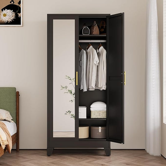 Ckzbx 71" H Metal Armoire Wardrobe Closet with Mirror,Adjustable Shelve, Clothes Drying Pole, Steel Wardrobe Cabinet for Bedroom (Black)
