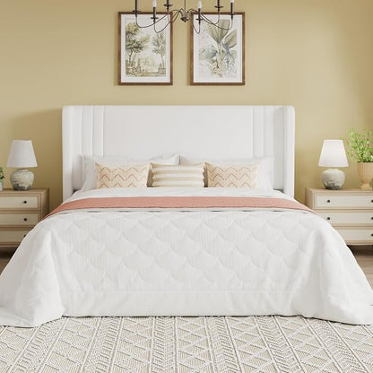 SHA CERLIN Full Size Velvet Upholstered Platform Bed Frame with Vertical Channel Tufted Wingback Headboard, Wooden Slats Support, Easy Assembly, Under Bed Storage, No Box Spring Required, White