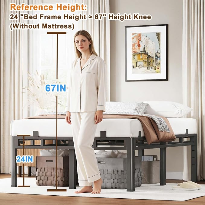 ROIL 24 Inch King Size Bed Frame, Metal Bed Frame & Box Spring 2 in 1 Platform with Round Corner Legs, 4000LBS Double Layer Bed Frame with Headboard Holes Mattress Baffles, Noise-Free Easy Assembly