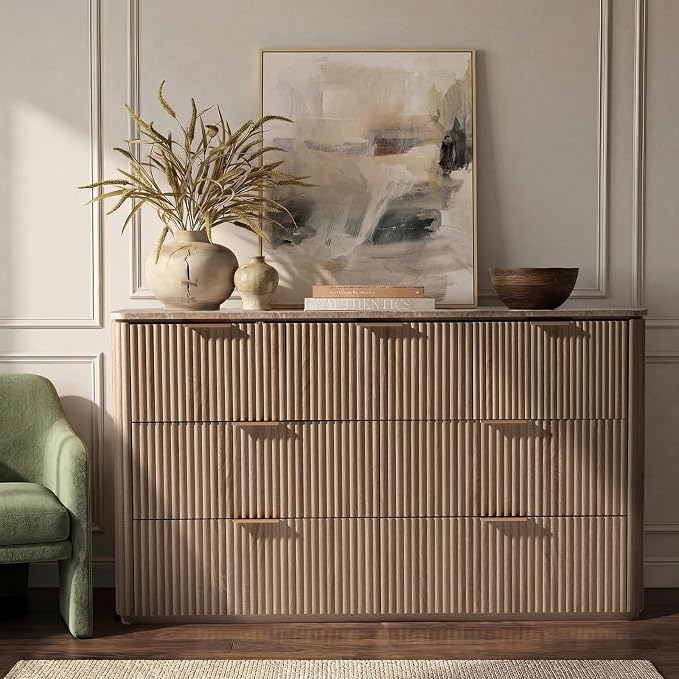 Dresser for Bedroom with 7 Drawers, 54"W Chest of Drawers, Fluted Dresser with Faux Marble Top, Curved Profile Design, Metal Handle, Wood Closet Storage Organizer for Living Room, Hallway, Natural Oak