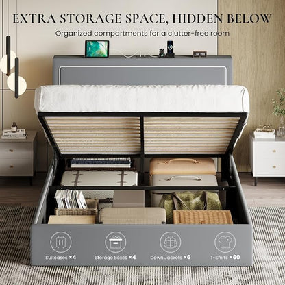 SHA CERLIN Full Size Hydraulic Lift-Up Storage Platform Bed Frame with Charging Station, RGB LED Lights, Adjustable Velvet Headboard, USB-A and USB-C Ports, No Box Spring Needed, Grey