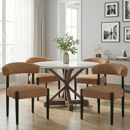 VKNOW Wooden Dining Chairs Set of 2 with Black Rubberwood Legs, Orange | Soft Chenille Fabric, Curved Open Back, Thickened Cushion, For Adults and Family, Dining Room, Kitchen, No Wobble
