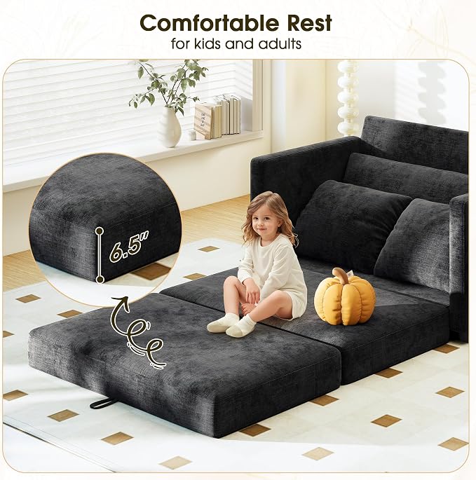 Myroyalsit 51" Convertible Loveseat Sofa Bed, 2-in-1 Folding Sofa Bed with 2 Pillow for Small Spaces, Modern Loveseat Sleeper Couch for Apartment, Living Room & Guest Room (Chenille Black, 51 inch)