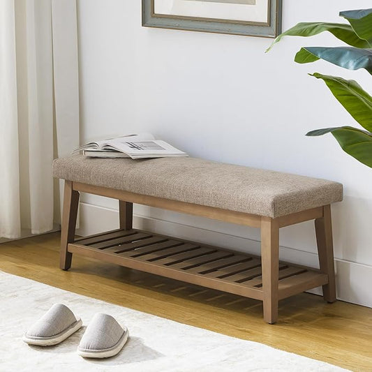 Zihanhome Entryway Shoe Bench with Cushion, End of Bed Bench,Upholstered Bench for Kitchen, Bench with Solid Wood Shelf, Fabric Ottoman Bench for Hallway, Living Room (Brown)