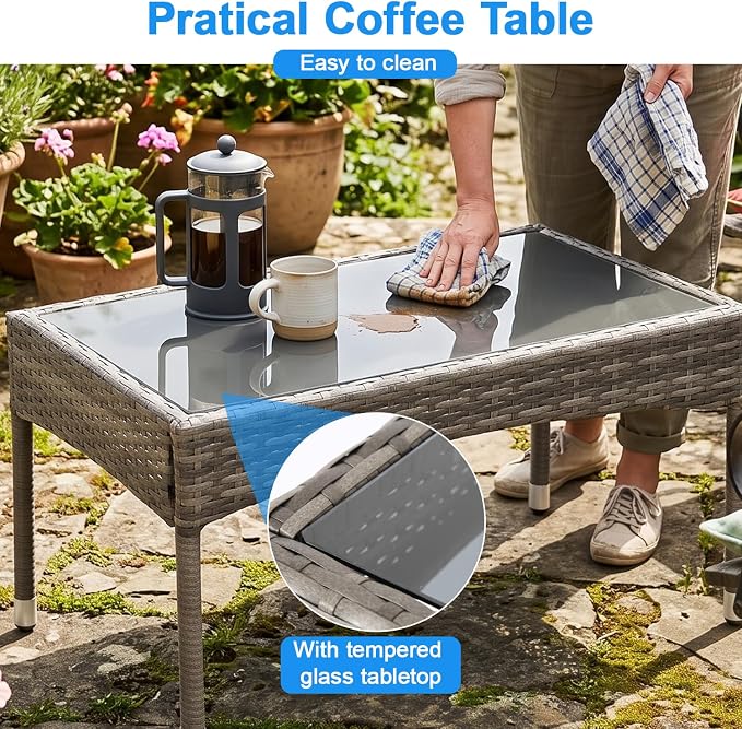 FDW Outdoor Patio Furniture Set Wicker Patio Set PE Rattan Furniture Bistro Set for Outdoor Indoor Use with Loveseats Coffee Table, Khaki Cushions, 4 Pieces