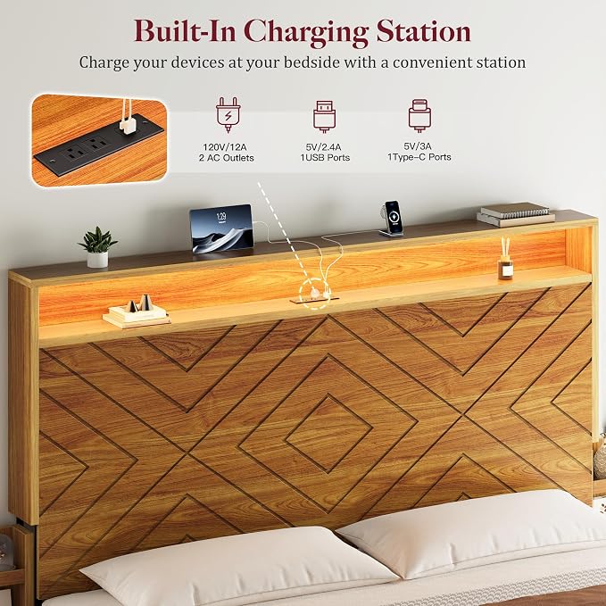 Queen Size Bed Frame with 2 Bedside Storage Racks & 4 Locking Drawers, 51.2" Tall Headboard with Charging Station & RGB LED Lights, Farmhouse Platform Bed Frame, No Box Spring Needed, Brown
