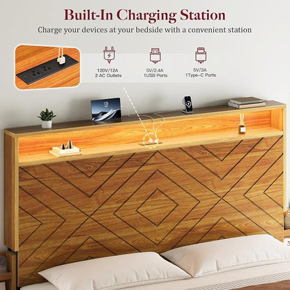 Queen Size Bed Frame with 2 Bedside Storage Racks & 4 Locking Drawers, 51.2" Tall Headboard with Charging Station & RGB LED Lights, Farmhouse Platform Bed Frame, No Box Spring Needed, Brown