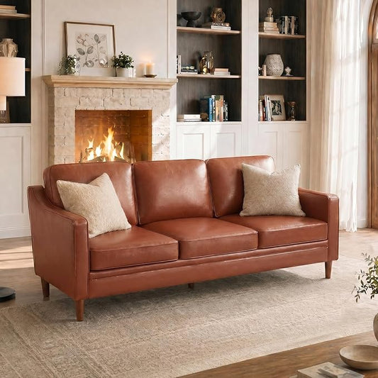 Kingfun 80" Faux Leather Sofa, 3 Seater Couch, Mid Century Modern Couches with Solid Wood Legs for Living Room Bedroom