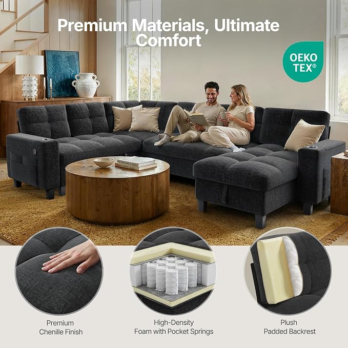 AMADA HOMEFURNISHING 110'' Modular Sectional Sleeper Sofa with Pull Out Couch, U Shaped 7 Seat Sectional Sofa with Storage, USB Ports & Cup Holders, Chenille Cloud Couches for Living Room, Dark Grey