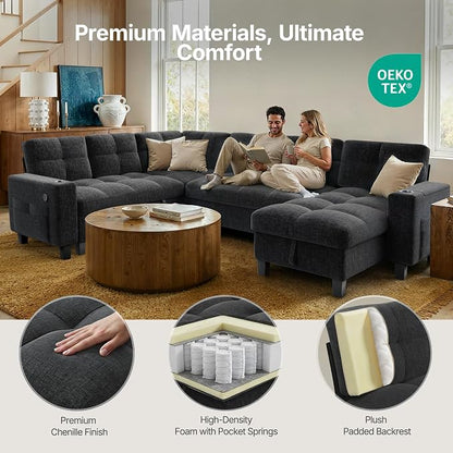 AMADA HOMEFURNISHING 110'' Modular Sectional Sleeper Sofa with Pull Out Couch, U Shaped 7 Seat Sectional Sofa with Storage, USB Ports & Cup Holders, Chenille Cloud Couches for Living Room, Dark Grey