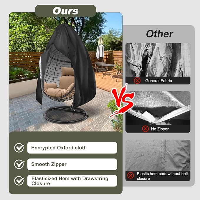 Egg Chair Cover Waterproof, 75x45 Inch Outdoor Hanging Egg Swing Chair Cover, Heavy Duty 420D Oxford Fabric, UV Resistant Windproof with Zipper & Drawstring, Fits Single Seat Egg Chair (Black)