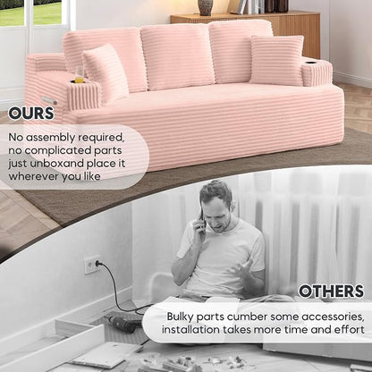 86.2'' Boneless Sofa Couch with Cup Holders & Side Pockets, Modern Corduroy Fabric Upholstered 3-seat Couch with 2 Throw Pillows for Living Room, Office, No Assembly (Pink)