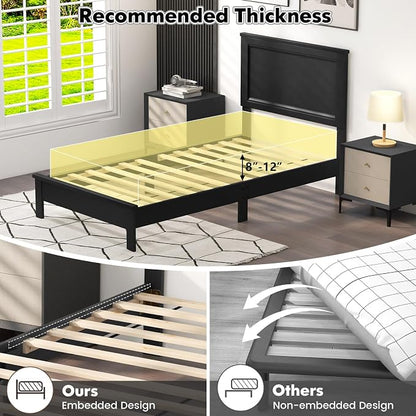 Giantex Wood Twin Bed Frames with Headboard, Mid Century Platform Bed Frame with Solid Wood Legs & Wooden Slat Support, Twin Bed Frames for Kids Adults, Black Bed