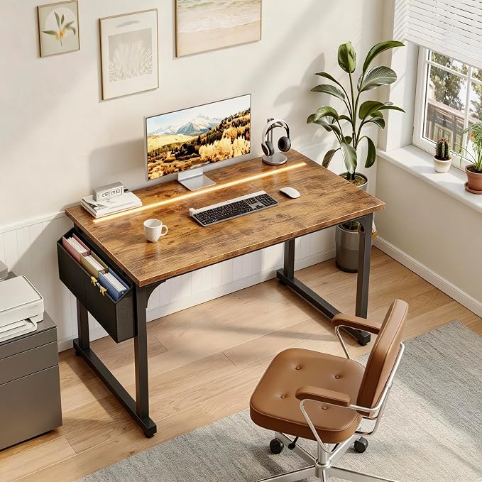 DurayLoly 40" Computer Desk with Waterproof LED Lights,Bedroom Study Desk for Teens,Dorm Room Essentials,Headphone Hook&Storage Bag for Small Spaces,Sturdy Metal Frame,Rustic Brown