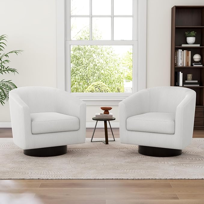 Swivel Barrel Accent Chairs Set of 4, Corduroy Upholstered Armchair Modern Round Club Arm Chair for Living Room, Comfy Single Sofa Seating Bedroom Side Reading Seat for Home Office - Beige