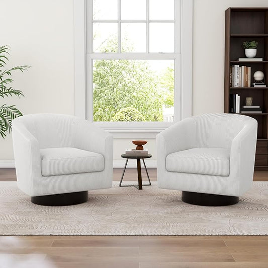 Swivel Barrel Accent Chairs Set of 4, Corduroy Upholstered Armchair Modern Round Club Arm Chair for Living Room, Comfy Single Sofa Seating Bedroom Side Reading Seat for Home Office - Beige