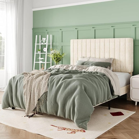 Allewie Twin Bed Frame, Upholstered Platform Bed with Adjustable Vertical Channel Tufted Headboard, Mattress Foundation with Strong Wooden Slats, Box Spring Optional, Easy Assembly, Chenille White