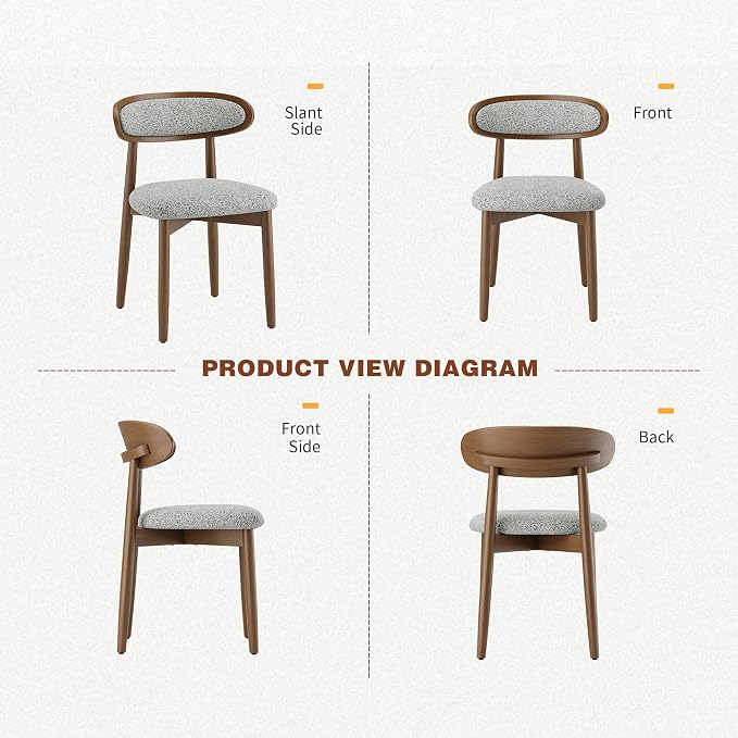 Wooden Dining Chairs Set of 4, Modern Fabric Upholstered Dining Room Chair, Kitchen Side Chairs, Farmhouse Dinner Chair with Curved Back for Kitchen, Lightgrey