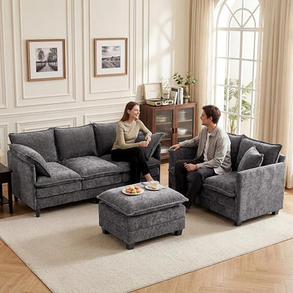 L-Shape Loveseat Sofa Couch with Ottoman, Small 50" Love Seat 27" Deep Cloud Sofa Washable Chenille Pillow for Apartment Bedroom Dorm Attic Studio Office Living Room Small Space 8833-GREY-L