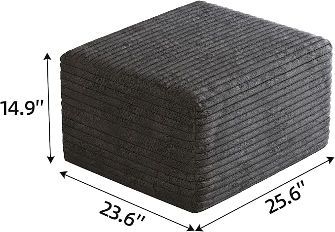 JINGLING 25.6 Inch Plush Corduroy Ottoman, Modular Sectional Foot Rest for Living Room, Upholstered Cloud Ottoman for Boneless Couch in a Box, Compressed Memory Foam, No Assembly Require, Dark Grey