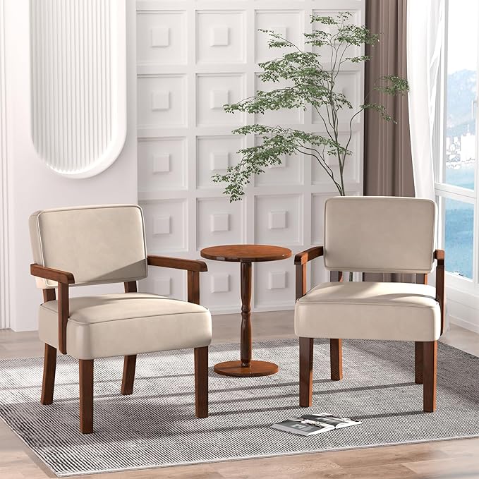 FAGAGA Accent Chairs Set of 2 with Table, PU Leather Chair for Living Room Oversized Armchair with Soft Seat and Armrests for Bedroom Dinning Reading Waiting Room (Leather Beige)