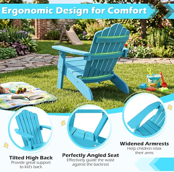 Costzon Kids Adirondack Chair, All-Weather HIPS Toddler Outdoor Chair, Wooden Textured Plastic Fire Pit Chair, Kids Patio Chair for Backyard Lawn Garden, Fits Children Age 3-7 Years (4, Turquoise)