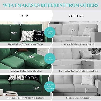 Shintenchi 76" Modern Upholstered Sectional Sofa Couch,L-Shaped Convertible Sofa with Storage Ottoman,Comfy Couches with Side Storage Pockets for Living Room,Green Linen Fabric