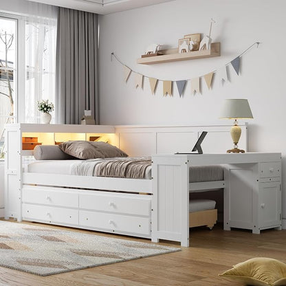 Bellemave Full Corner Bed Frame, Full Size Captain beds with Storage Cabinets and Desk, Wood Daybed with Bookcase Trundle and Drawers, White