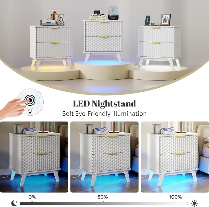 LVSOMT Smart Nightstand with Charging Station and LED Lights, 23.62" Wide Night Stand with 2 Drawers, Motion Sensor Motion-Activated Underlight, Honeycomb Bedside Table for Bedroom, White