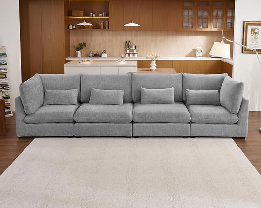 154" Oversized Chenille Couch Modular Sectional Sofa, Washable Cloud Cloud Sectional, 4 Seater Sectional Couches for Living Room, Fully Cover Removable, Basic 4 Seater, Chenille, Grey