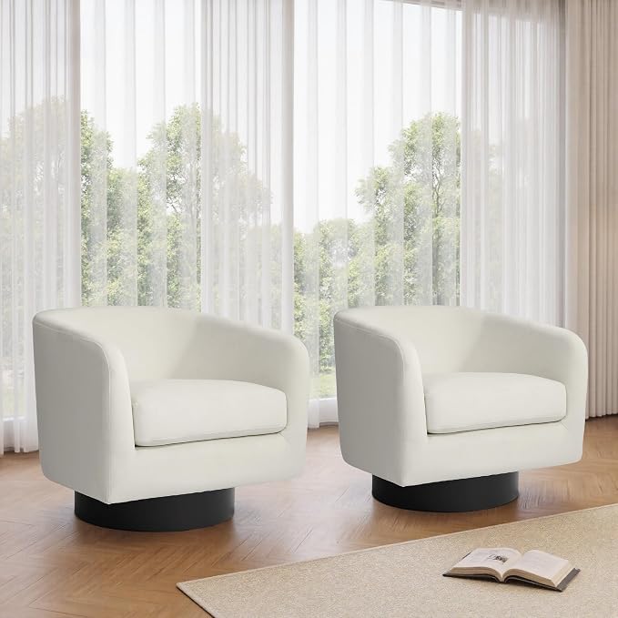 Swivel Barrel Accent Chairs Set of 2, Velvet Upholstered Armchair Modern Round Club Arm Chair for Living Room, Comfy Single Sofa Seating Bedroom Side Reading Seat for Home Office - Ivory