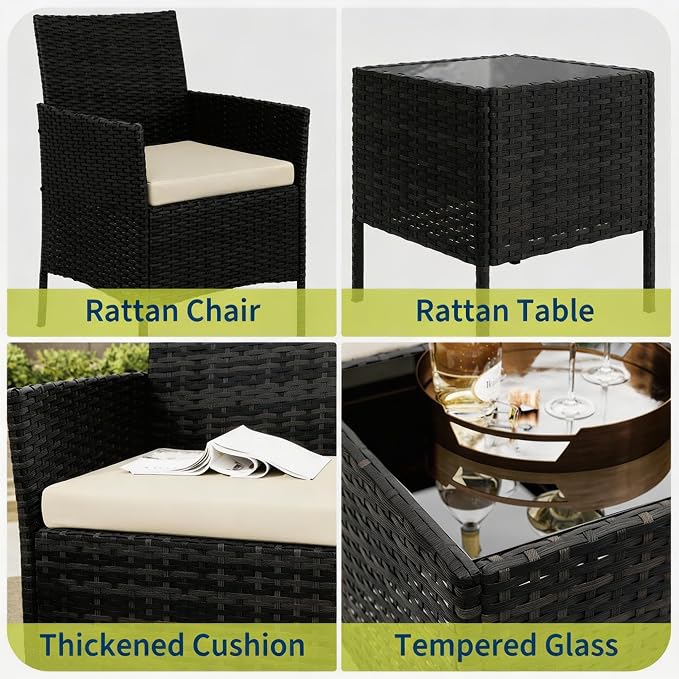 3-Piece Outdoor Furniture Set, PE Rattan Wicker Chairs with Soft Cushions & Tempered Glass Coffee Table - All-Weather Patio Set for Garden, Backyard, Porch, Poolside (Black/Beige)