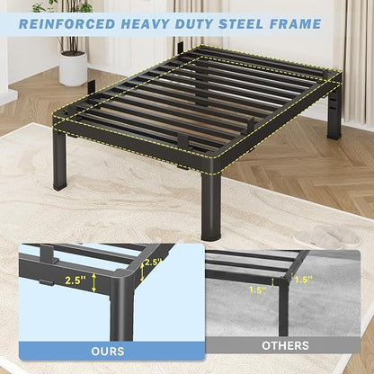 18 Inch Twin XL Bed Frame, Reinforced Heavy Duty Metal Bed Frame Twin XL Size, 4000LBS Rounded Corner & No-Slip Mattress Grip, Squeak-Free Platform Bed Frame with Headboard Holes Easy Assembly